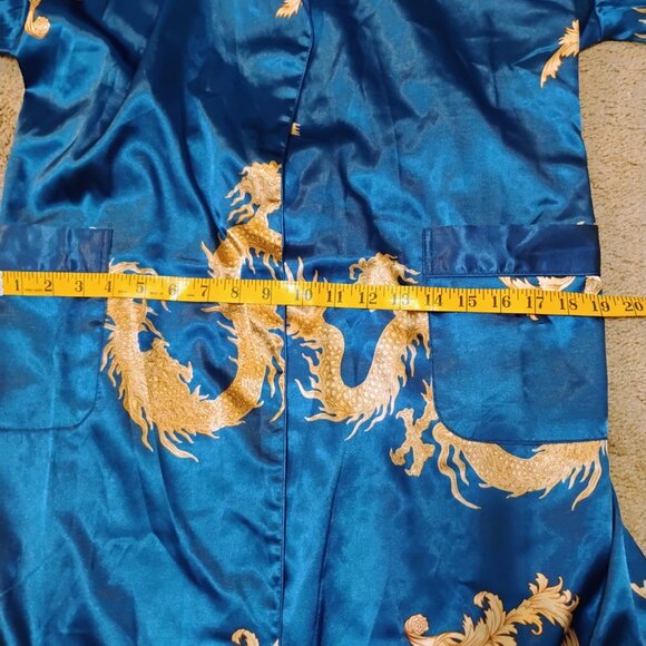 Men's Kimono Blue Robe Gold Dragon Print - Picture 8 of 10